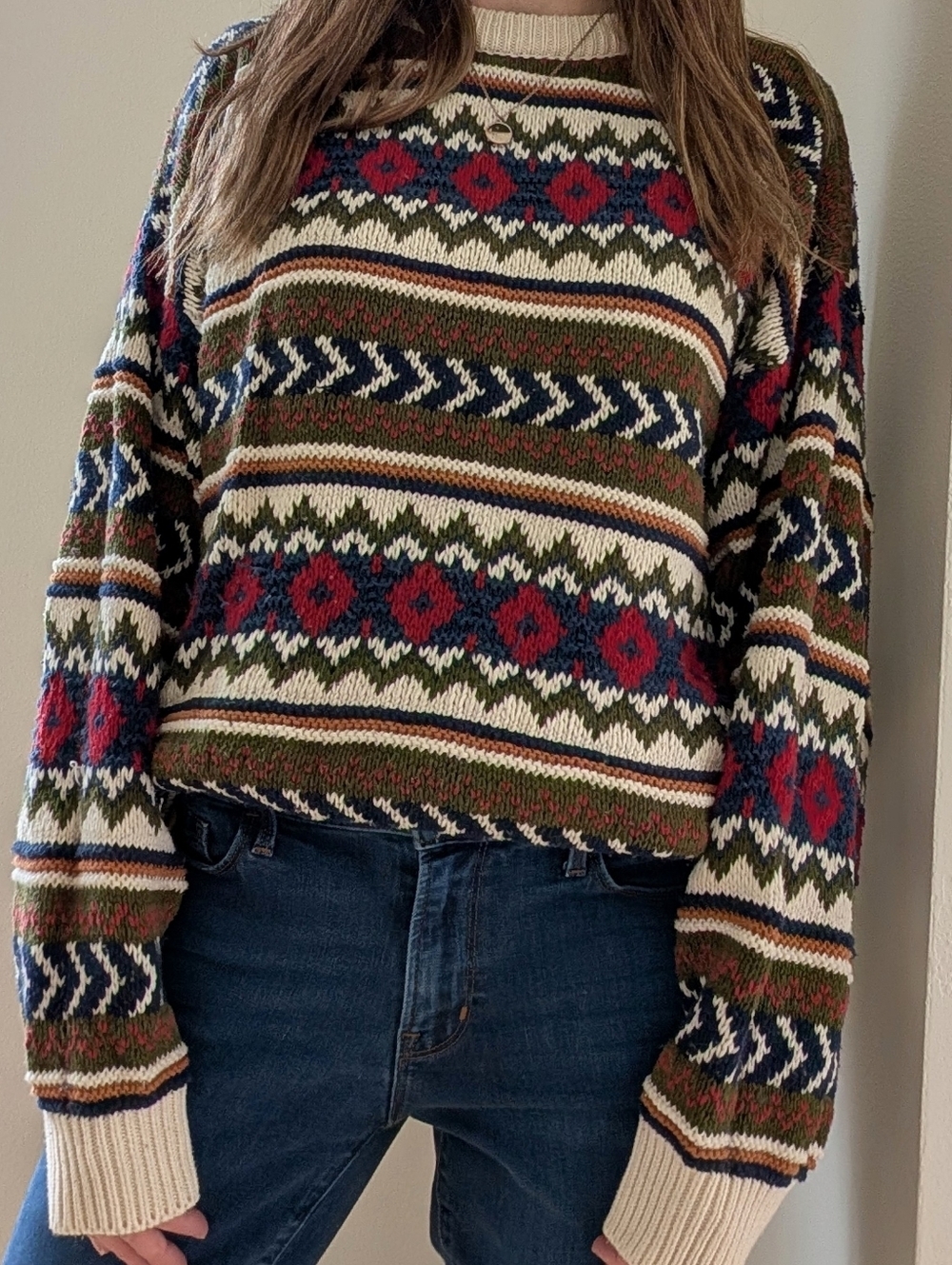 Vintage Chunky Fair Isle Abstract Geometric Crewneck Sweater In Ivory/Navy